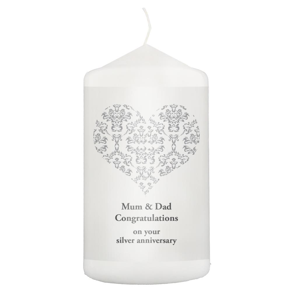 Personalised Silver Damask Heart Pillar Candle £11.69